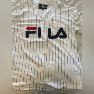 Fila Men's White Shirt with Black Stripes and Logo